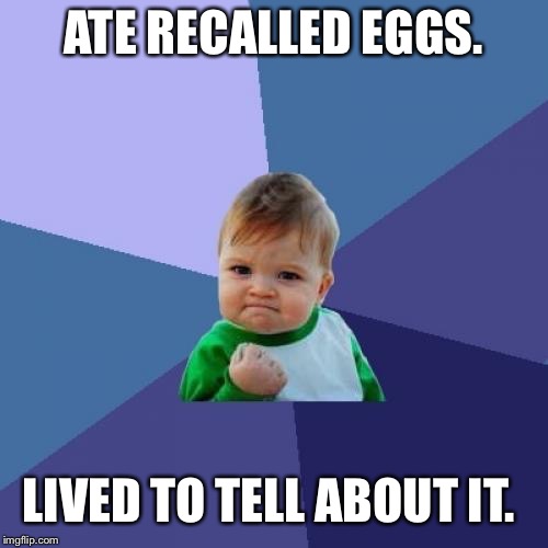Success Kid | ATE RECALLED EGGS. LIVED TO TELL ABOUT IT. | image tagged in memes,success kid | made w/ Imgflip meme maker