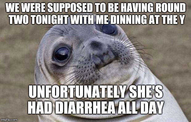 Awkward Moment Sealion Meme | WE WERE SUPPOSED TO BE HAVING ROUND TWO TONIGHT WITH ME DINNING AT THE Y UNFORTUNATELY SHE'S HAD DIARRHEA ALL DAY | image tagged in memes,awkward moment sealion | made w/ Imgflip meme maker