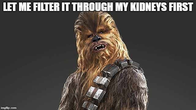 chewbacca | LET ME FILTER IT THROUGH MY KIDNEYS FIRST | image tagged in chewbacca | made w/ Imgflip meme maker