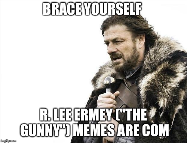 Brace Yourselves X is Coming | BRACE YOURSELF; R. LEE ERMEY ("THE GUNNY")
MEMES ARE COMING | image tagged in memes,brace yourselves x is coming,r lee ermey,the gunny | made w/ Imgflip meme maker