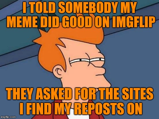 Now I just upload memes to google images and wait for them to get reposted so they can do good here... | I TOLD SOMEBODY MY MEME DID GOOD ON IMGFLIP; THEY ASKED FOR THE SITES I FIND MY REPOSTS ON | image tagged in memes,futurama fry | made w/ Imgflip meme maker