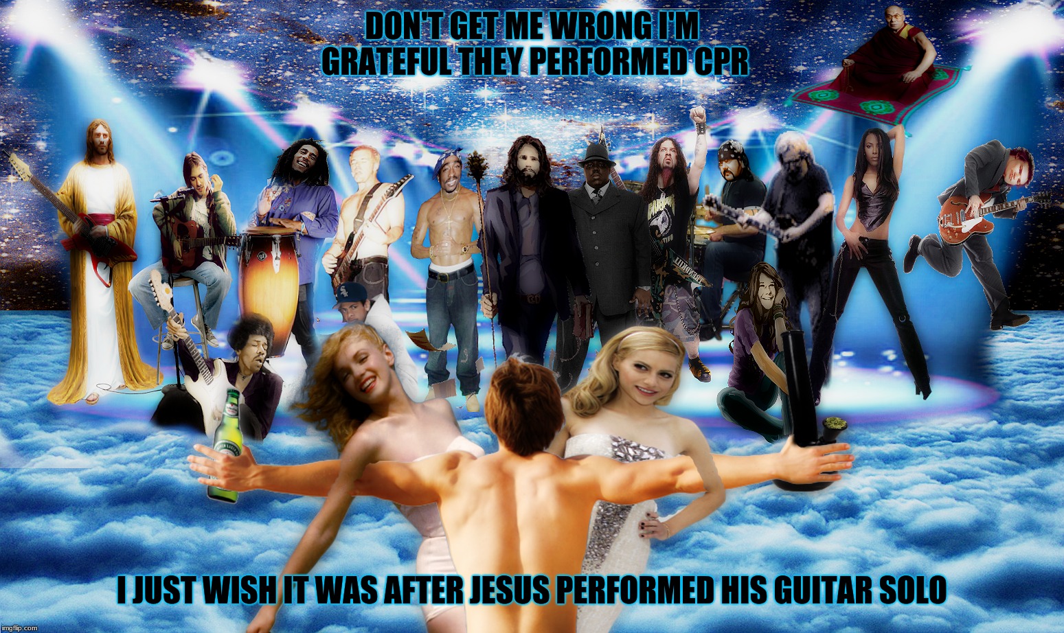 photoshop your afterlife they said..  | DON'T GET ME WRONG I'M GRATEFUL THEY PERFORMED CPR; I JUST WISH IT WAS AFTER JESUS PERFORMED HIS GUITAR SOLO | image tagged in bad photoshop sunday,afterlife,heaven,concert | made w/ Imgflip meme maker