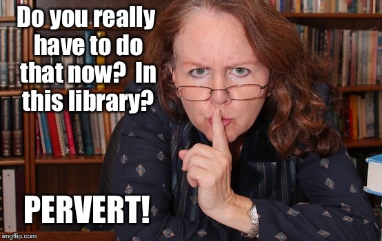 What do YOU see happening here? | Do you really have to do that now?  In this library? PERVERT! | image tagged in memes,librarian,quiet,pervert,your input,funny memes | made w/ Imgflip meme maker
