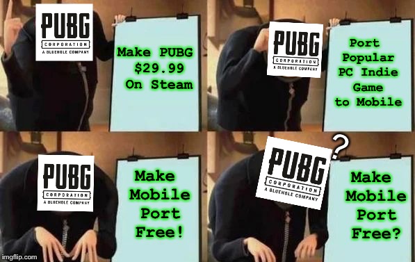 TOP 10 BUISINESS CHOICES MADE BY GAMING COMPANIES | Port Popular PC Indie Game to Mobile; Make PUBG $29.99 On Steam; ? Make Mobile Port Free! Make Mobile Port Free? | image tagged in gru's plan,pubg,player unkowns battlegrounds,pubg mobile,free,memes | made w/ Imgflip meme maker