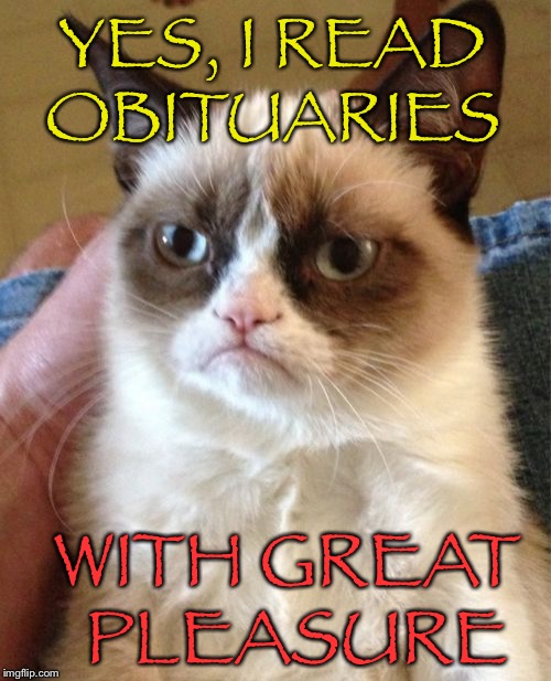 As only grumpy would. | YES, I READ OBITUARIES; WITH GREAT PLEASURE | image tagged in memes,grumpy cat,obituaries,funny | made w/ Imgflip meme maker