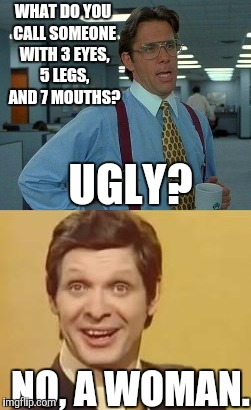 Eyes in the back of their heads', can do a bunch of things at once, and talk a lot. ;) | WHAT DO YOU CALL SOMEONE WITH 3 EYES, 5 LEGS, AND 7 MOUTHS? UGLY? NO, A WOMAN. | image tagged in memes,funny,trololol,lol so funny | made w/ Imgflip meme maker