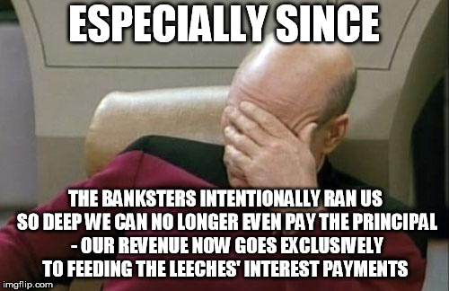 Captain Picard Facepalm Meme | ESPECIALLY SINCE THE BANKSTERS INTENTIONALLY RAN US SO DEEP WE CAN NO LONGER EVEN PAY THE PRINCIPAL - OUR REVENUE NOW GOES EXCLUSIVELY TO FE | image tagged in memes,captain picard facepalm | made w/ Imgflip meme maker