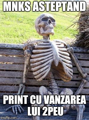 Waiting Skeleton Meme | MNKS ASTEPTAND; PRINT CU VANZAREA LUI 2PEU | image tagged in memes,waiting skeleton | made w/ Imgflip meme maker