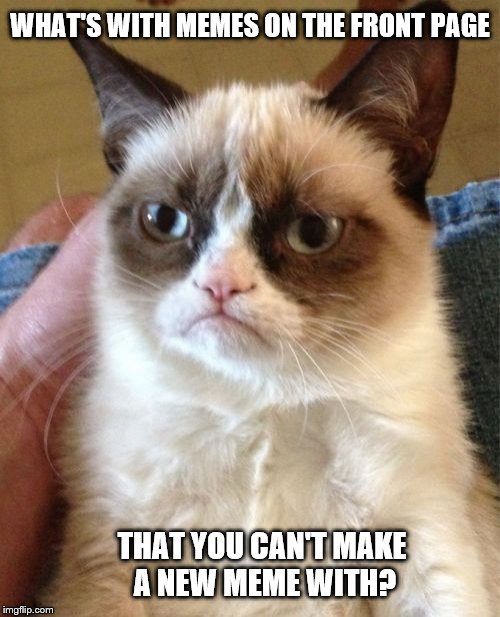 Grumpy Cat Meme | WHAT'S WITH MEMES ON THE FRONT PAGE; THAT YOU CAN'T MAKE A NEW MEME WITH? | image tagged in memes,grumpy cat | made w/ Imgflip meme maker