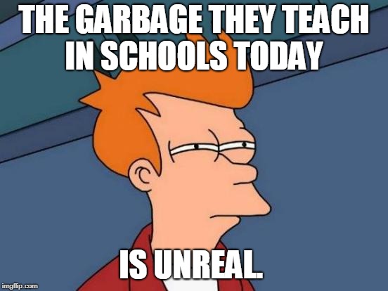 Futurama Fry Meme | THE GARBAGE THEY TEACH IN SCHOOLS TODAY IS UNREAL. | image tagged in memes,futurama fry | made w/ Imgflip meme maker