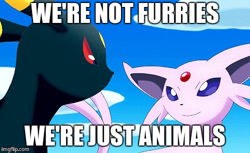 Umbreon and Espeon are not furries | WE'RE NOT FURRIES; WE'RE JUST ANIMALS | image tagged in umbreon and espeon | made w/ Imgflip meme maker