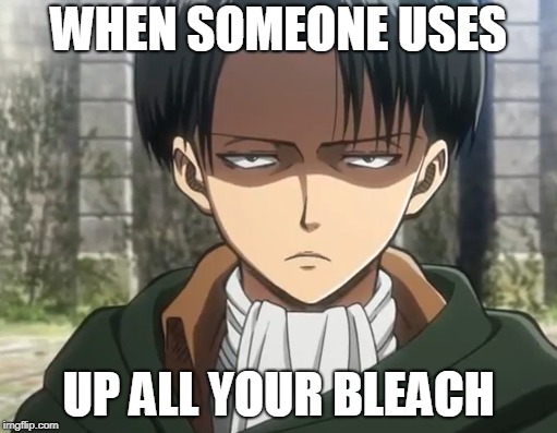 unimpressed levi | WHEN SOMEONE USES; UP ALL YOUR BLEACH | image tagged in levi,aot,cleaning products | made w/ Imgflip meme maker