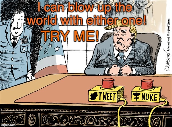 Trump can blow up the world with tweets or a nuke! | I can blow up the world with either one! TRY ME! | image tagged in tweet or nuke,trump,armageddon,end of the world,tweet,nukes | made w/ Imgflip meme maker