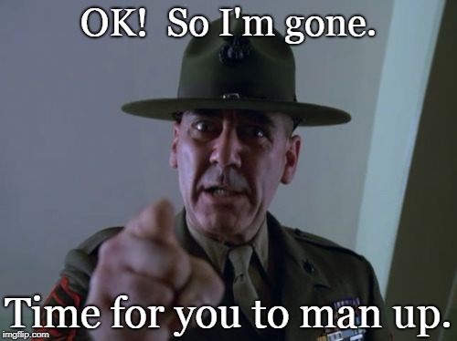 R. Lee Ermey | OK!  So I'm gone. Time for you to man up. | image tagged in man up,your turn r lee ermey,gunny | made w/ Imgflip meme maker