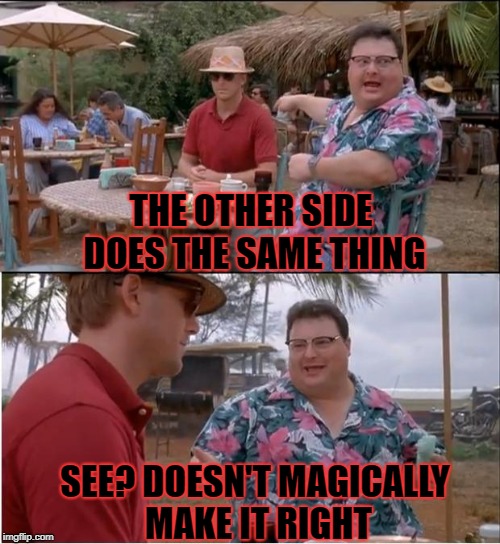 THE OTHER SIDE DOES THE SAME THING SEE? DOESN'T MAGICALLY MAKE IT RIGHT | made w/ Imgflip meme maker