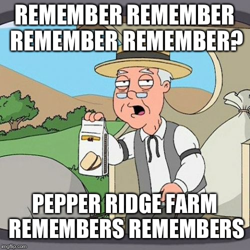 Pepperidge Farm Remembers Meme | REMEMBER REMEMBER REMEMBER REMEMBER? PEPPER RIDGE FARM REMEMBERS REMEMBERS | image tagged in memes,pepperidge farm remembers | made w/ Imgflip meme maker