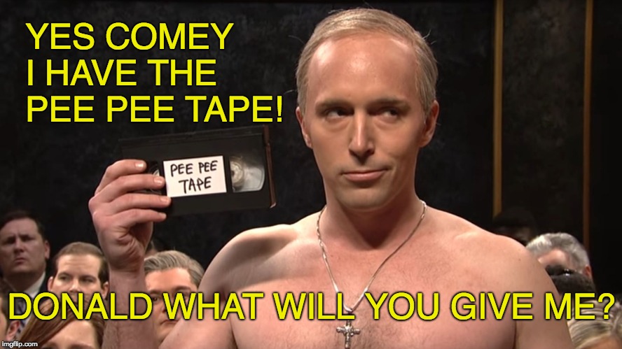 Trump pee pee tape | YES COMEY   I HAVE THE PEE PEE TAPE! DONALD WHAT WILL YOU GIVE ME? | image tagged in putin trump's peepee tape snl,trump,james comey,pee pee,dirty dossier | made w/ Imgflip meme maker
