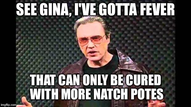 Christopher Walken Fever | SEE GINA, I'VE GOTTA FEVER; THAT CAN ONLY BE CURED WITH MORE NATCH POTES | image tagged in christopher walken fever | made w/ Imgflip meme maker