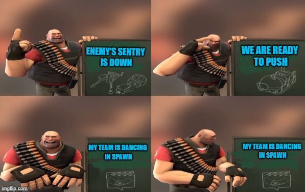Heavy's plan | WE ARE READY TO PUSH; ENEMY'S SENTRY IS DOWN; MY TEAM IS DANCING IN SPAWN; MY TEAM IS DANCING IN SPAWN | image tagged in heavy's plan,tf2,gru's plan,funny,memes | made w/ Imgflip meme maker