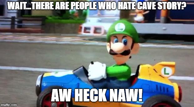 Quote This (LOL) | WAIT...THERE ARE PEOPLE WHO HATE CAVE STORY? AW HECK NAW! | image tagged in luigi death stare | made w/ Imgflip meme maker