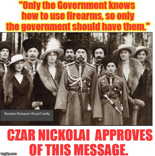 Political oops. | "Only the Government knows how to use firearms, so only the government should have them."; CZAR NICKOLAI  APPROVES OF THIS MESSAGE. | image tagged in sarcasm,dark humor | made w/ Imgflip meme maker