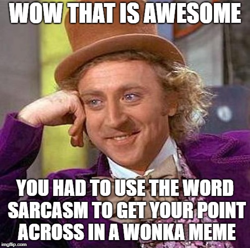 Creepy Condescending Wonka | WOW THAT IS AWESOME; YOU HAD TO USE THE WORD SARCASM TO GET YOUR POINT ACROSS IN A WONKA MEME | image tagged in memes,creepy condescending wonka | made w/ Imgflip meme maker