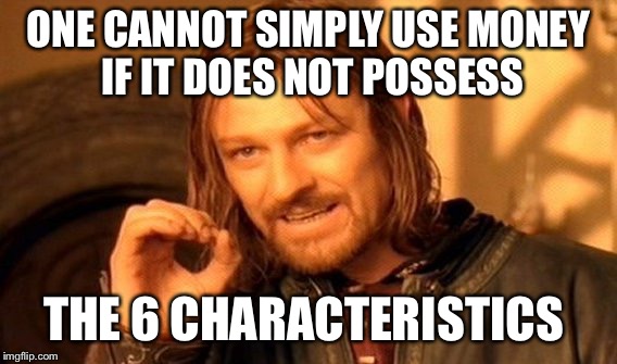 One Does Not Simply Meme | ONE CANNOT SIMPLY USE MONEY IF IT DOES NOT POSSESS; THE 6 CHARACTERISTICS | image tagged in memes,one does not simply | made w/ Imgflip meme maker