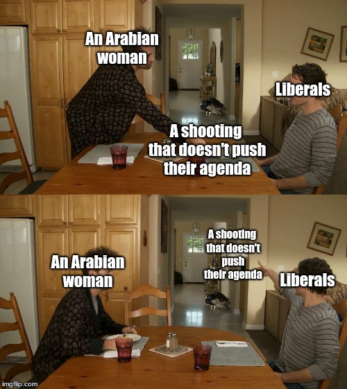 Plate toss | An Arabian woman; Liberals; A shooting that doesn't push their agenda; A shooting that doesn't push their agenda; An Arabian woman; Liberals | image tagged in plate toss | made w/ Imgflip meme maker