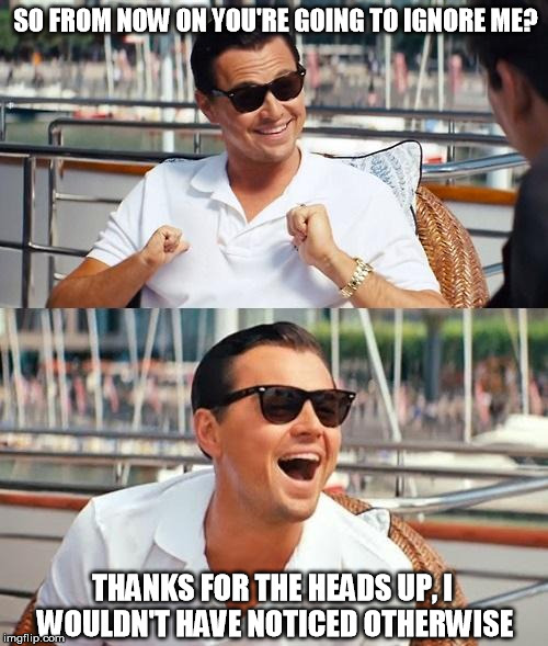Leonardo Dicaprio Wolf Of Wall Street Meme | SO FROM NOW ON YOU'RE GOING TO IGNORE ME? THANKS FOR THE HEADS UP, I WOULDN'T HAVE NOTICED OTHERWISE | image tagged in memes,leonardo dicaprio wolf of wall street | made w/ Imgflip meme maker