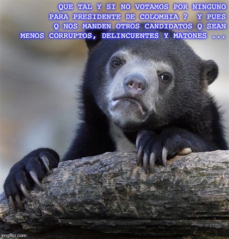 Confession Bear Meme | QUE TAL Y SI NO VOTAMOS POR NINGUNO PARA PRESIDENTE DE COLOMBIA ?  Y PUES Q NOS MANDEN OTROS CANDIDATOS Q SEAN MENOS CORRUPTOS, DELINCUENTES Y MATONES ... | image tagged in memes,confession bear | made w/ Imgflip meme maker