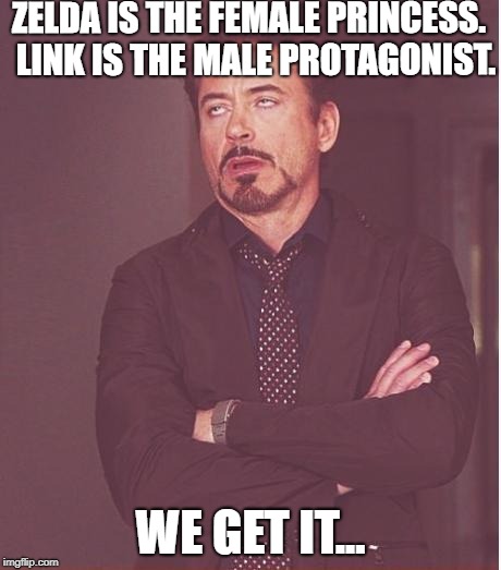 Face You Make Robert Downey Jr Meme | ZELDA IS THE FEMALE PRINCESS. 
LINK IS THE MALE PROTAGONIST. WE GET IT... | image tagged in memes,face you make robert downey jr,gaming | made w/ Imgflip meme maker