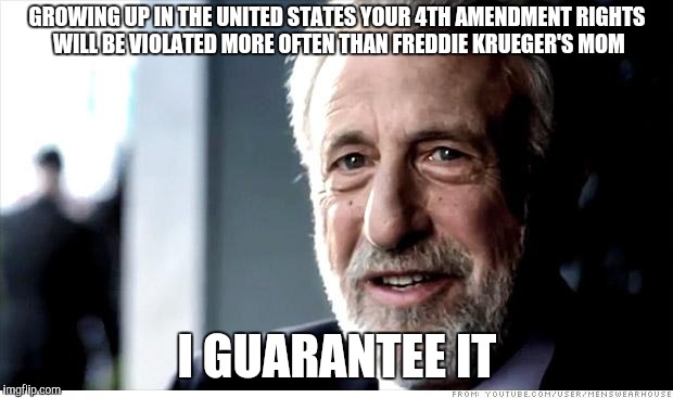 I Guarantee It | GROWING UP IN THE UNITED STATES YOUR 4TH AMENDMENT RIGHTS WILL BE VIOLATED MORE OFTEN THAN FREDDIE KRUEGER'S MOM; I GUARANTEE IT | image tagged in memes,i guarantee it | made w/ Imgflip meme maker
