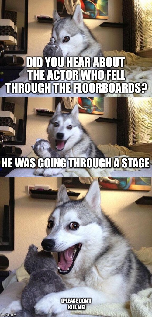 Bad Pun Dog Meme | DID YOU HEAR ABOUT THE ACTOR WHO FELL THROUGH THE FLOORBOARDS? HE WAS GOING THROUGH A STAGE; (PLEASE DON’T KILL ME) | image tagged in memes,bad pun dog,meme,pun,funny,front page plz | made w/ Imgflip meme maker