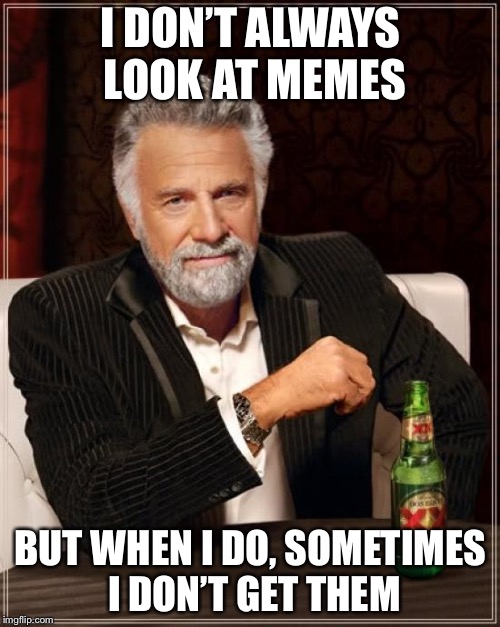 The Most Interesting Man In The World Meme | I DON’T ALWAYS LOOK AT MEMES BUT WHEN I DO, SOMETIMES I DON’T GET THEM | image tagged in memes,the most interesting man in the world | made w/ Imgflip meme maker