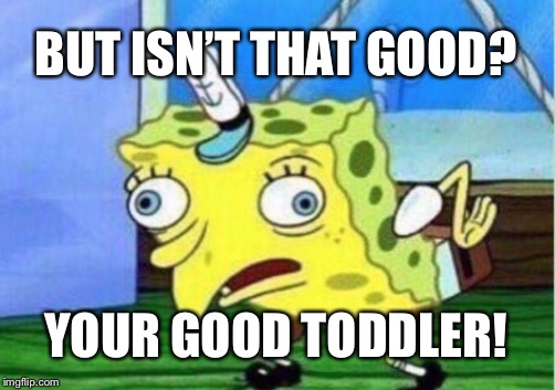 Mocking Spongebob Meme | BUT ISN’T THAT GOOD? YOUR GOOD TODDLER! | image tagged in memes,mocking spongebob | made w/ Imgflip meme maker