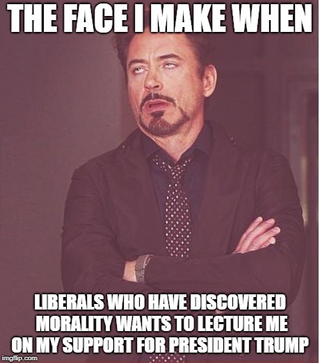 Face You Make Robert Downey Jr Meme | THE FACE I MAKE WHEN; LIBERALS WHO HAVE DISCOVERED MORALITY WANTS TO LECTURE ME ON MY SUPPORT FOR PRESIDENT TRUMP | image tagged in memes,face you make robert downey jr | made w/ Imgflip meme maker