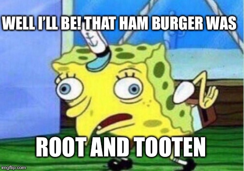 Mocking Spongebob | WELL I’LL BE! THAT HAM BURGER WAS; ROOT AND TOOTEN | image tagged in memes,mocking spongebob | made w/ Imgflip meme maker