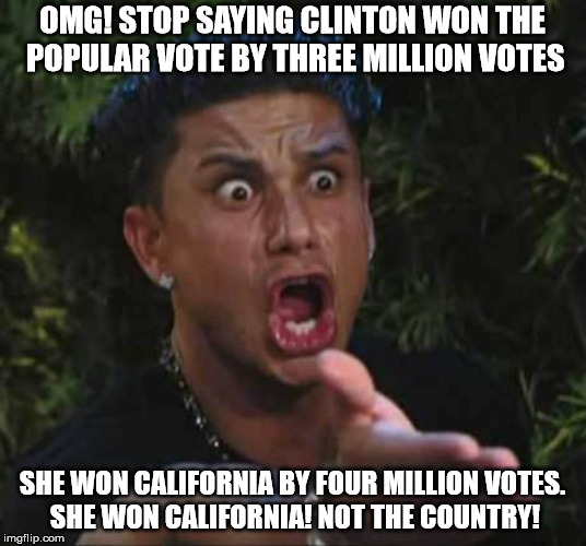 Jersey shore  | OMG! STOP SAYING CLINTON WON THE POPULAR VOTE BY THREE MILLION VOTES; SHE WON CALIFORNIA BY FOUR MILLION VOTES. SHE WON CALIFORNIA! NOT THE COUNTRY! | image tagged in jersey shore | made w/ Imgflip meme maker