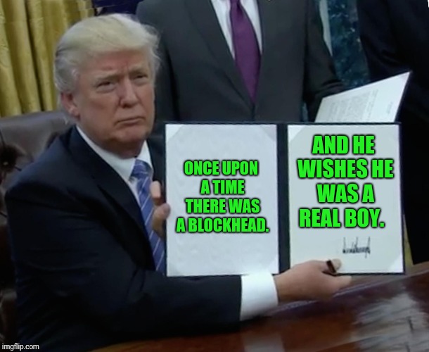 Yay,  a story! | ONCE UPON A TIME THERE WAS A BLOCKHEAD. AND HE WISHES HE WAS A REAL BOY. | image tagged in memes,trump bill signing | made w/ Imgflip meme maker