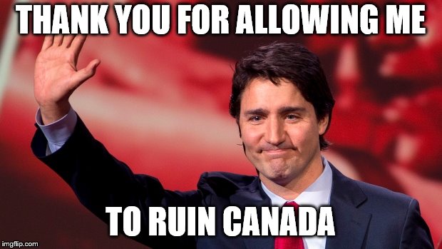 Justin Trudeau Hand Up | THANK YOU FOR ALLOWING ME; TO RUIN CANADA | image tagged in justin trudeau hand up | made w/ Imgflip meme maker
