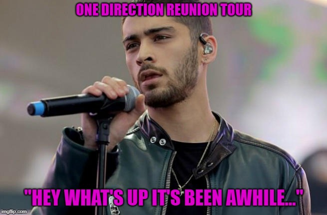 Zayn Malik | ONE DIRECTION REUNION TOUR; "HEY WHAT'S UP IT'S BEEN AWHILE..." | image tagged in zayn malik | made w/ Imgflip meme maker