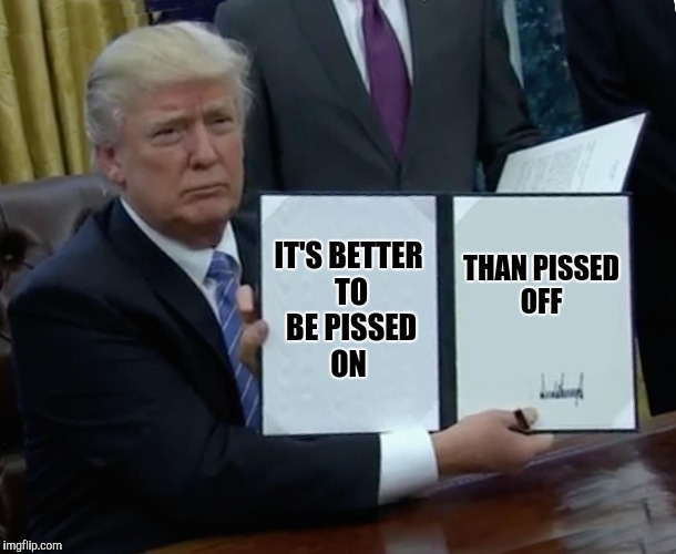 Trump Bill Signing | IT'S BETTER TO BE PISSED ON; THAN PISSED OFF | image tagged in memes,trump bill signing | made w/ Imgflip meme maker