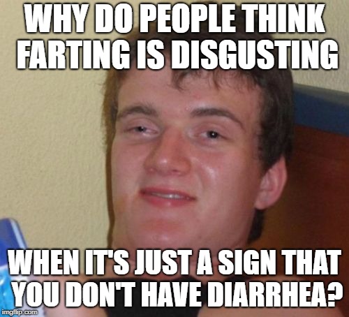 It's certainly more pleasant than the other things that come out of there. | WHY DO PEOPLE THINK FARTING IS DISGUSTING; WHEN IT'S JUST A SIGN THAT YOU DON'T HAVE DIARRHEA? | image tagged in memes,10 guy,dank memes,benjamin mccarthy,funny,bad puns | made w/ Imgflip meme maker