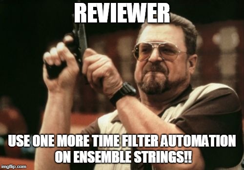 Am I The Only One Around Here Meme | REVIEWER; USE ONE MORE TIME FILTER AUTOMATION ON ENSEMBLE STRINGS!! | image tagged in memes,am i the only one around here | made w/ Imgflip meme maker