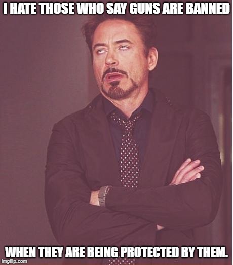 Why are you hypocritical? | I HATE THOSE WHO SAY GUNS ARE BANNED; WHEN THEY ARE BEING PROTECTED BY THEM. | image tagged in memes,face you make robert downey jr,guns | made w/ Imgflip meme maker