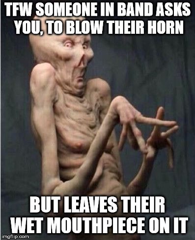Grossed Out Alien | TFW SOMEONE IN BAND ASKS YOU, TO BLOW THEIR HORN; BUT LEAVES THEIR WET MOUTHPIECE ON IT | image tagged in grossed out alien | made w/ Imgflip meme maker
