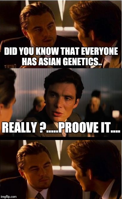 Inception Meme | DID YOU KNOW THAT EVERYONE HAS ASIAN GENETICS.. REALLY ?.....PROOVE IT.... | image tagged in memes,inception | made w/ Imgflip meme maker