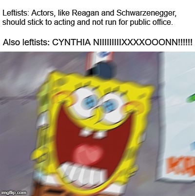 New York gubernatorial election, 2018 | Leftists: Actors, like Reagan and Schwarzenegger, should stick to acting and not run for public office. Also leftists: CYNTHIA NIIIIIIIIIXXXXOOONN!!!!!! | image tagged in cynthia nixon,liberals,new york,libertarian | made w/ Imgflip meme maker