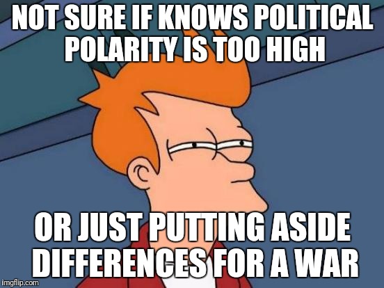 Futurama Fry Meme | NOT SURE IF KNOWS POLITICAL POLARITY IS TOO HIGH OR JUST PUTTING ASIDE DIFFERENCES FOR A WAR | image tagged in memes,futurama fry | made w/ Imgflip meme maker