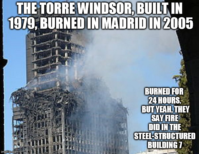 THE TORRE WINDSOR, BUILT IN 1979, BURNED IN MADRID IN 2005 BURNED FOR 24 HOURS.  BUT YEAH, THEY SAY FIRE DID IN THE STEEL-STRUCTURED BUILDIN | made w/ Imgflip meme maker